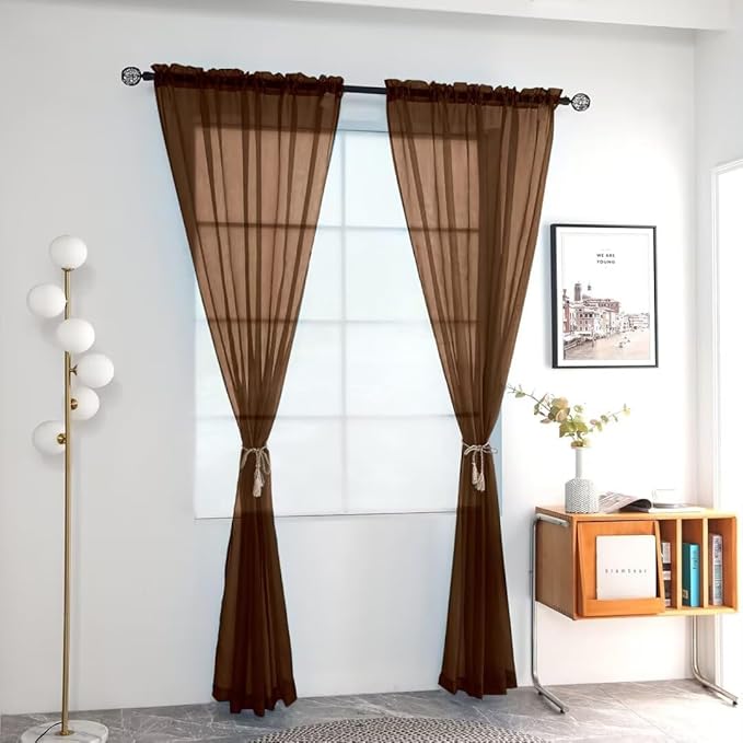 youleyar Solid Sheer Rod Pocket Curtain Voile Draperies 2 Panels White Beige Black Grey Coffee 52 Inch Width 96 Inch Long 1 Pair for Kitchen Bedroom Children Living Room Yard (Brown,52Wｘ96L)