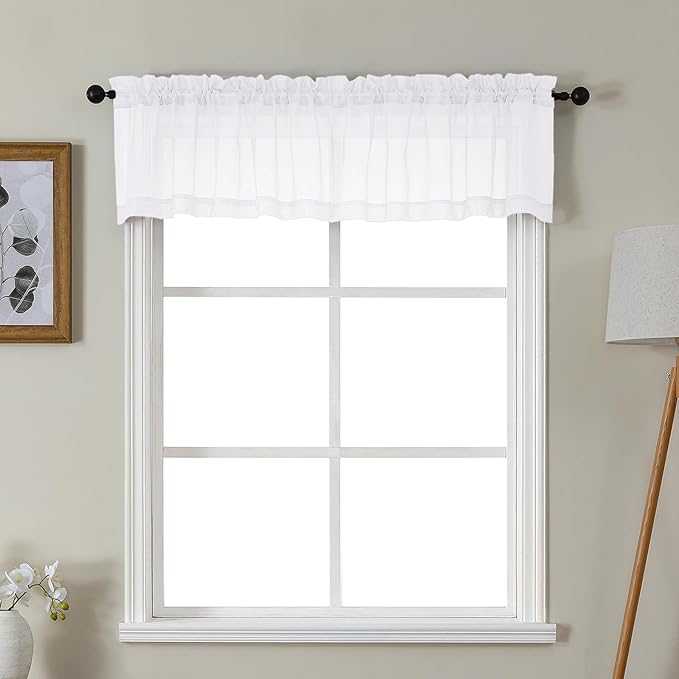 Gwine White Valances for Windows, Small Light Filtering Rod Pocket Cafe Valance Curtains, Soft Sheer Curtain for Bathroom Laundry Basement, 42Wx14L inch, 2 Pieces