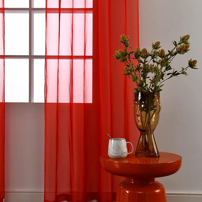 SpaceDresser Basic Rod Pocket Sheer Voile Window Curtain Panels Red 1 Pair 2 Panels 52 Width 96 Inch Long for Kitchen Bedroom Children Living Room Yard(Red,52 W x 96 L)