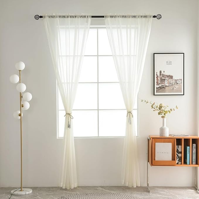 SpaceDresser Ivory Sheer Curtains 4 Panels Rod Pocket Semi-Sheer Curtain 63 Inches Long Light Filtering Voile Window Drapes for Bedroom Living Room Kitchen, Each 52W x 63L