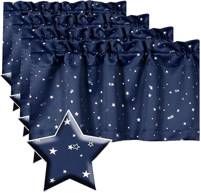 H.VERSAILTEX Blackout Curtain Valances for Kitchen Window/Living Room/Bathroom Privacy Added Rod Pocket Home Decoration Winow Valance, 52" W x 18" L, Glitter Stars in Navy Base (Pack of 4)