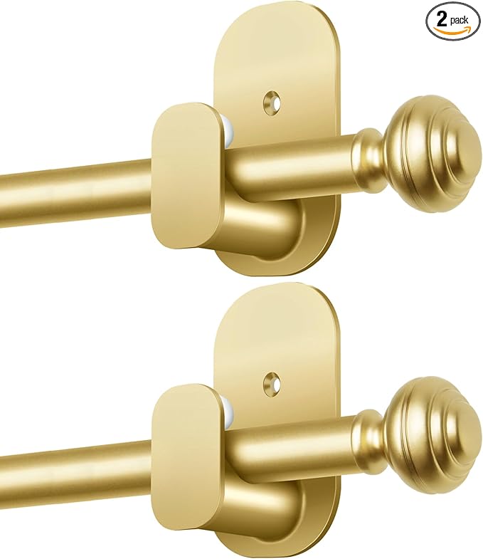 KAMANINA 2 Pack Curtain Rods No Drilling for Windows 32 to 58 Inches, 5/8 Inch Diameter Adjustable Single Curtain Poles with Adhesive Brackets, Gold
