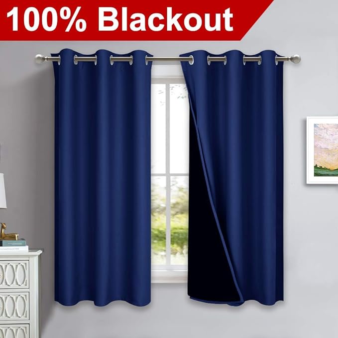 NICETOWN Pure White 100% Blackout Lined Curtains, Royal Blue, 1 Pair, 37" Width x 63" Length Each Panel, 2 Thick Layers Narrow Wide Window Treatment Thermal Insulated Drapes for Kitchen Small Window