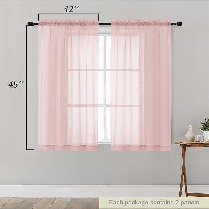 Blush Sheer Curtains for Bedroom Living Room 45 Inch Length 2 Panels, Soft Airy Light Filtering Small Kitchen Window Curtains, Rod Pocket Short Curtain Drapes, Blush, 42" Wx45 L Inches