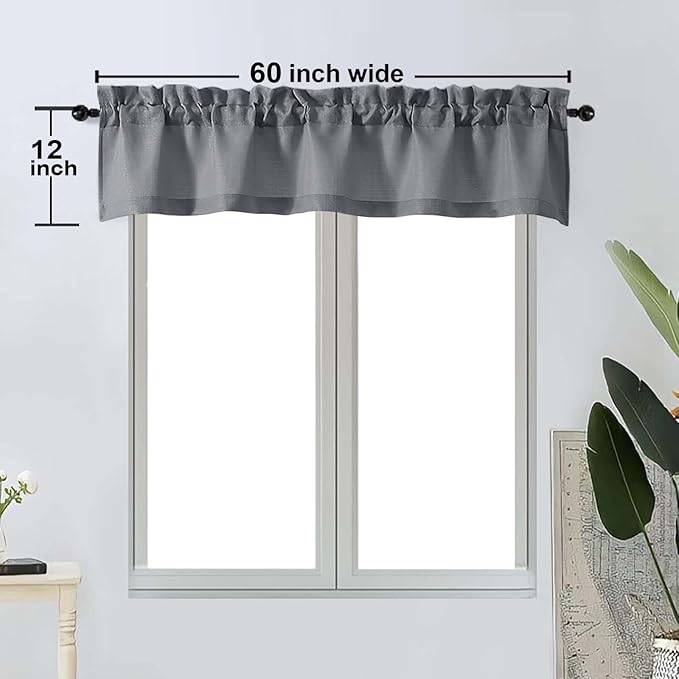 OWENIE Bob 1 PCS Dark Grey Valances for Windows, Faux Linen Textured Kitchen Window Curtains Valance for Bedroom Living Room, Modern Soft Airy Solid Rod Pocket Bathroom Cafe Curtain, 60Wx12L Inch