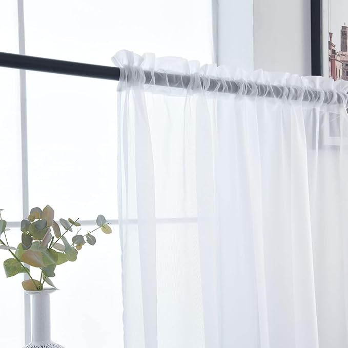 SpaceDresser Sheer White Curtains 4 Panels Rod Pocket Semi-Sheer Curtain 45 Inches Long Light Filtering Voile Window Drapes for Bedroom Living Room Kitchen, Each 52W x 45L