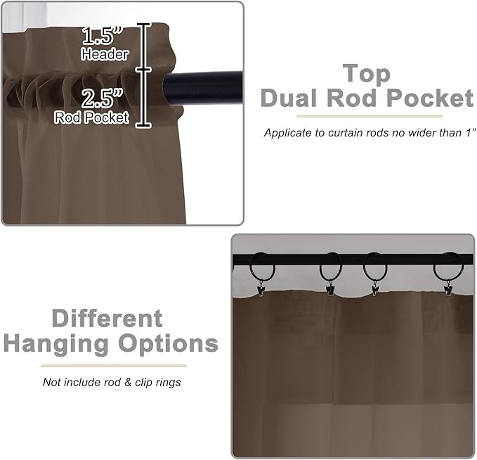 Chocolate Sheer Curtains for Bedroom Living Room 96 Inches Long 2 Panels, Modern Airy Soft Lightweight Rod Pocket Light Filtering Sheer Curtains Drapes, Chocolate, Each 42" Wx96 L Inch