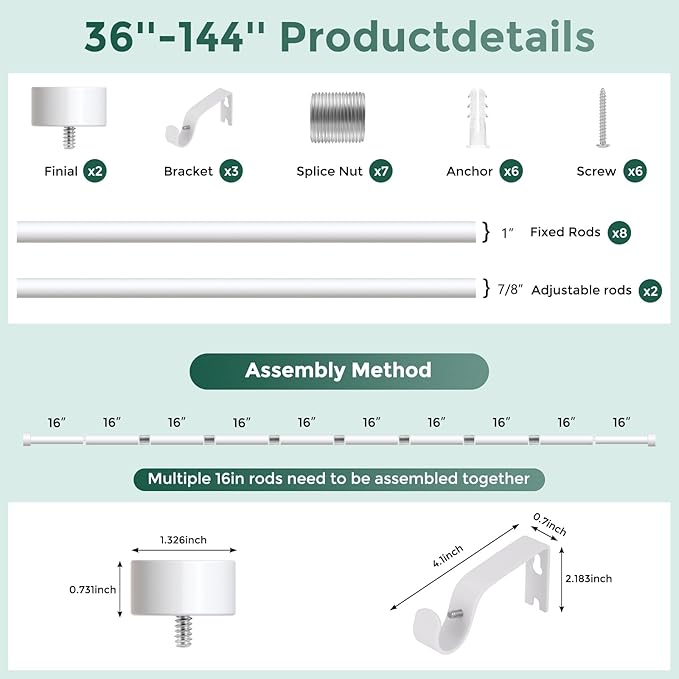 VOIIY White Curtain Rods for Windows 72 to 144 Inch(6-12 Feet),1" Diameter Rods with Modern Style End Cap Finials,Size:36-144 Inch