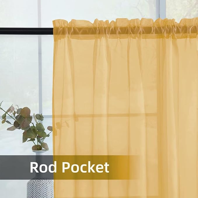 youleyar Solid Sheer Rod Pocket Curtain Voile Draperies 2 Panels White Beige Black Grey Ivory 52 Inch Width 84 Inch Long 1 Pair for Kitchen Bedroom Children Living Room Yard (Gold,52Wｘ84L)