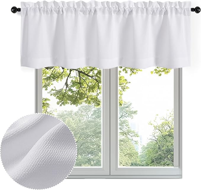 OWENIE Bob Valance Curtains 18 Inch Length 1 Piece, Faux Linen Slub Solid White Kitchen Valance for Bedroom Living Room, Farmhouse Soft Airy Rod Pocket Small Window Curtain, Each 60Wx18L Inch