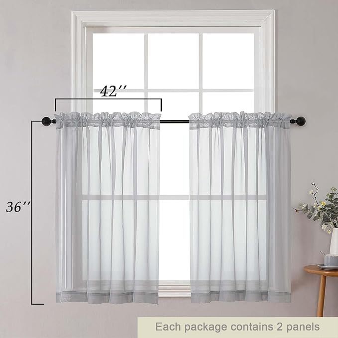 Cafe Curtains 36 Inch Length Tier 2 Pieces, Modern Soft Airy Sheer Kitchen Short Curtains for Small Window, Rod Pocket Small Curtain for Bathroom Basement, Light Grey, Each, 42"Wx36"L Inches