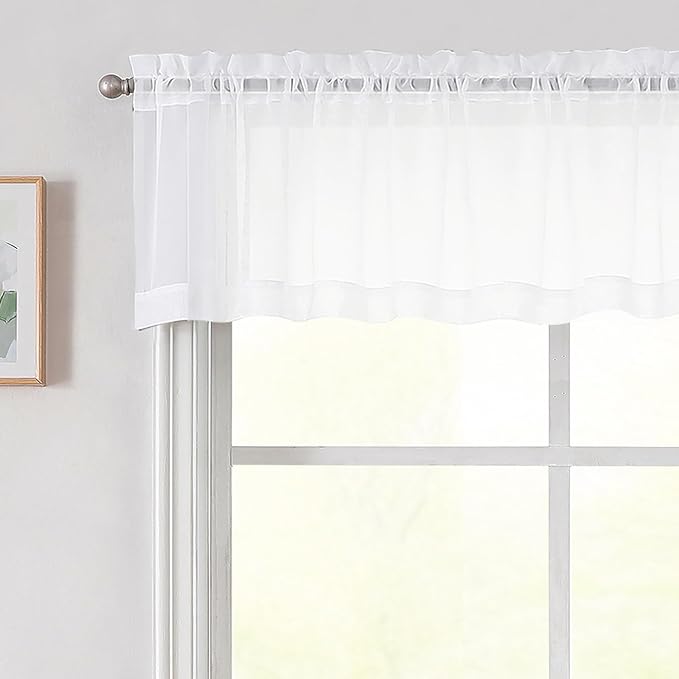 White Valances for Windows, White Sheer Curtains 14 Inch Length 2 Pack Kitchen Drapes, Modern Solid Mini Small Window Curtains for Cafe Bathroom Basement, Each 42" Wx14 L Inches