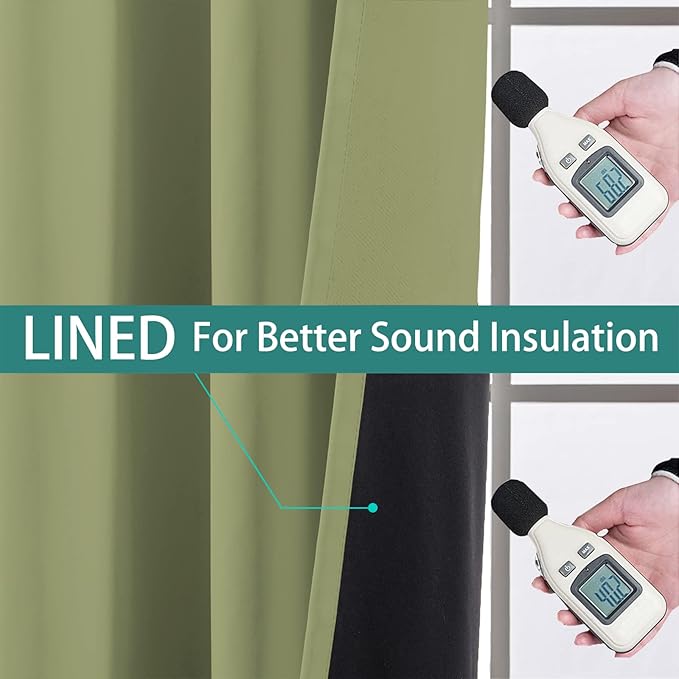 Yakamok 100% Blackout Curtains with Black Lined 2 Thick Layers Soundproof Thermal Insulated Room Darkening Curtains for Living Room(42Wx63L,Sage, 2 Panels)