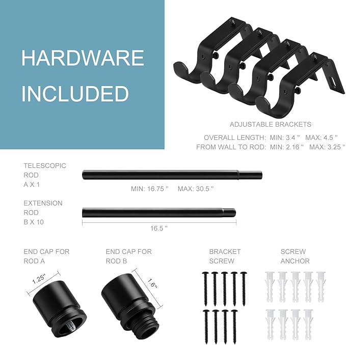 Byondeth Curtain Rods for Windows 16 to 170 Inches Adjustable Length 1 Inch Diameter Window Curtain Rod with Aluminium Finials, Black