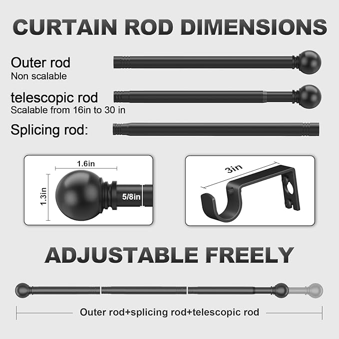 Matte Black Curtain Rods for Bedroom with Brackets,5/8 Inch Diameter Small Window Curtain Rod Adjustable 32 to 48 Inches,Easy Install Drapery Rods