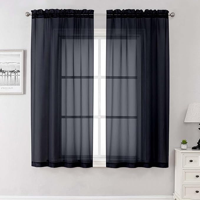 Lecloud Black Sheer Curtains 68 Inch Length 2 Pcs, Light Filtering Rod Pockets Window Curtains for Bedroom, Soft Voile Solid Home Drapes for Living Room Bathroom Loft, Each Panel 42" W x 68" L