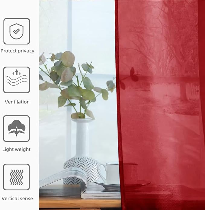 youleyar Solid Sheer Rod Pocket Curtain Voile Draperies 2 Panels White Beige Black Grey Ivory 52 Inch Width 72 Inch Long 1 Pair for Kitchen Bedroom Children Living Room Yard (Christmas Red,52Wｘ72L)