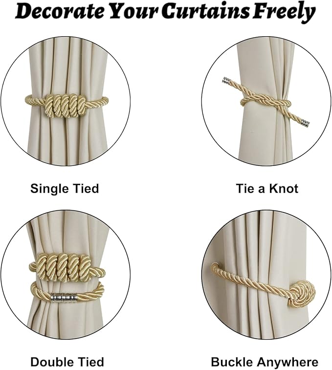 BEL AVENIR Magnetic Curtain Tiebacks, Decorative Drapery Holdbacks Modern Woven Tie-Backs with Exquisite Knot (Gold, 6 Pack)
