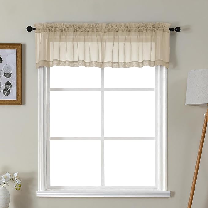 Gwine Taupe Valances for Windows, Small Light Filtering Rod Pocket Cafe Valance Curtains, Soft Sheer Curtain for Bathroom Laundry Basement, 42Wx14L inch, 2 Pieces