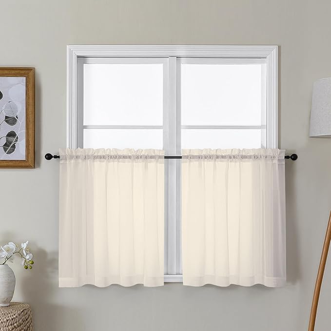 Gwine Cream Sheer Curtain Tiers 24 Inch Length 2 Panels, Light Filtering Voile Short Curtain for Living Room Bedroom, Rod Pocket Curtains for Small Windows 42x24 Inch, 2PCS