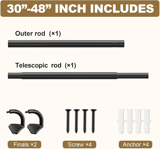 GXOACKJ Black Wrap Around Curtain Rods for Windows 28 to 48 inch, 5/8 inch Industrial Telescoping Blackout Curtain Rods for Bedroom & Outdoor