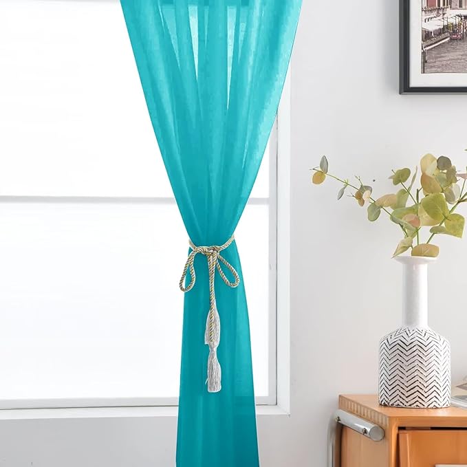 SpaceDresser Sheer Voile Window Treatment Rod Pocket Curtain Panels for Kitchen Bedroom Living Room Drapes Sunlight Filtering Privacy Semi Home Decor Assorted (Peacock Blue, 52 W x 96 L)