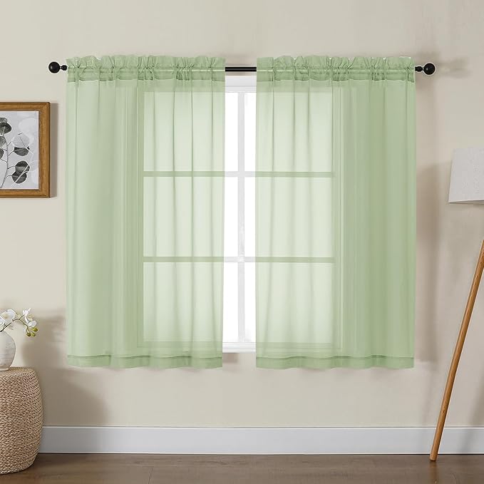 Gwine Light Green Sheer Curtains for Bedroom 54 inches Long 2 Panels, Light Filtering Voile Rod Pocket Curtains, Airy Transparent Sheer Drapes for Living Room, Each 42" Wx54 L