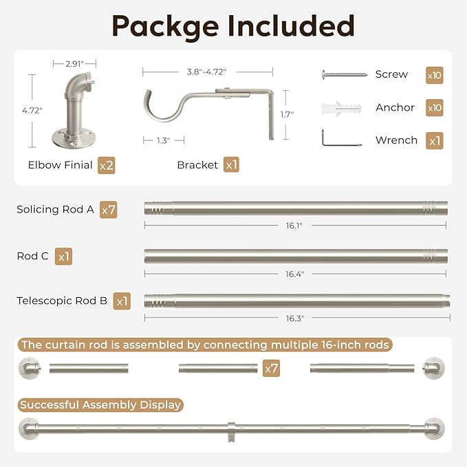 Zeerobee Curtain Rods for Windows 72 to 144, 1 Inch Industrial Wrap Around Brushed Nickel Curtain Rod, Indoor/Outdoor Room Divider Adjustable Drapery Pole, 72"-144"