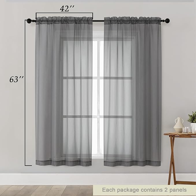 Sheer Grey Curtains for Bedroom Living Room 63 Inch Length 2 Panels, Airy Soft Light Filtering Sheer Dining Room Curtains, Modern Rod Pocket Drapes, Grey, Each 42" Wx63 L Inches