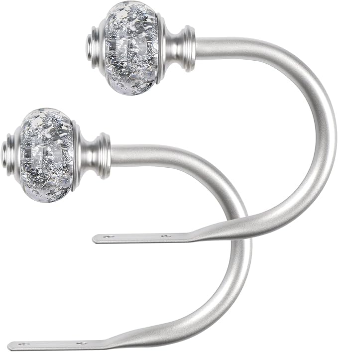 2 Pack Curtain Holdbacks, USFOOK Silver Decorative Window Drapery Tiebacks (2 Pack/1 Pair), Curtain Tie Back Hooks for Wall with Translucent Finials (3.95" L x 3.4" W)