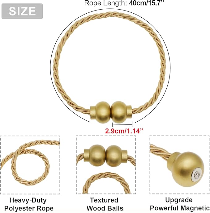 6 Pack Magnetic Curtain Tiebacks Modern Handmade Rope Curtain Tie Backs Decorative Drapes Weave Holdbacks for Home Outdoor Bedroom Office Decorative Curtain, Gold