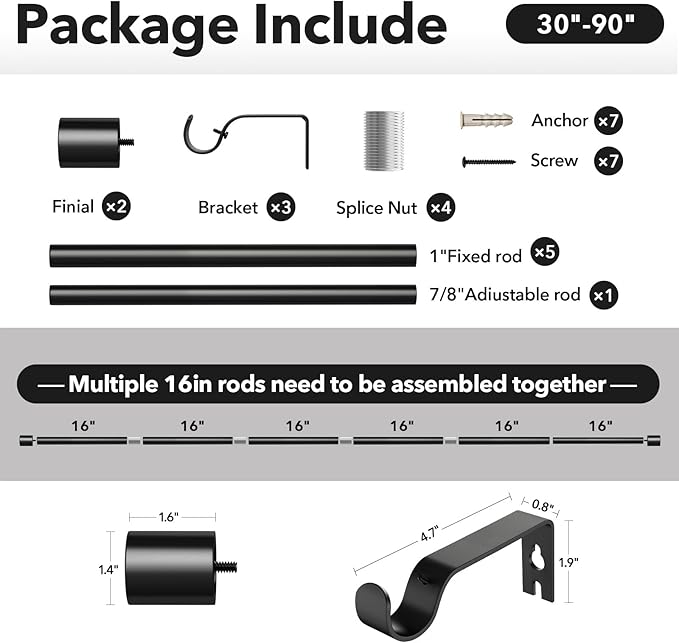 IFELS Heavy Duty Curtain Rods for Windows 48 to 84 Inch, 1 Inch Black Curtain Rods for Outdoor, Farmhouse, Bedroom, Kitchen, Living Room, Adjustable Easy Install Drapery Rod (A2,Black,30"-90")
