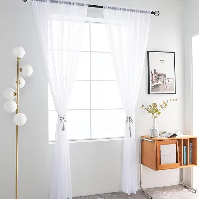 youleyar Solid Sheer Rod Pocket Curtain Voile Draperies 4 Panels White Beige Black Grey Ivory 52 Inch Width 96 Inch Long 1 Pair for Kitchen Bedroom Children Living Room Yard(Optical White,52 Wｘ96 L)