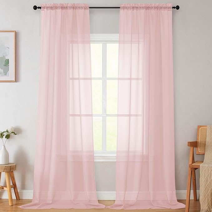 Extra Long Sheer Blush Curtains for Bedroom Living Room 108 Inches Long 2 Panels Set, Solid Soft Light Filtering Rod Pocket Sheer Window Curtains, Blush, Each 42" Wx108 L Inch