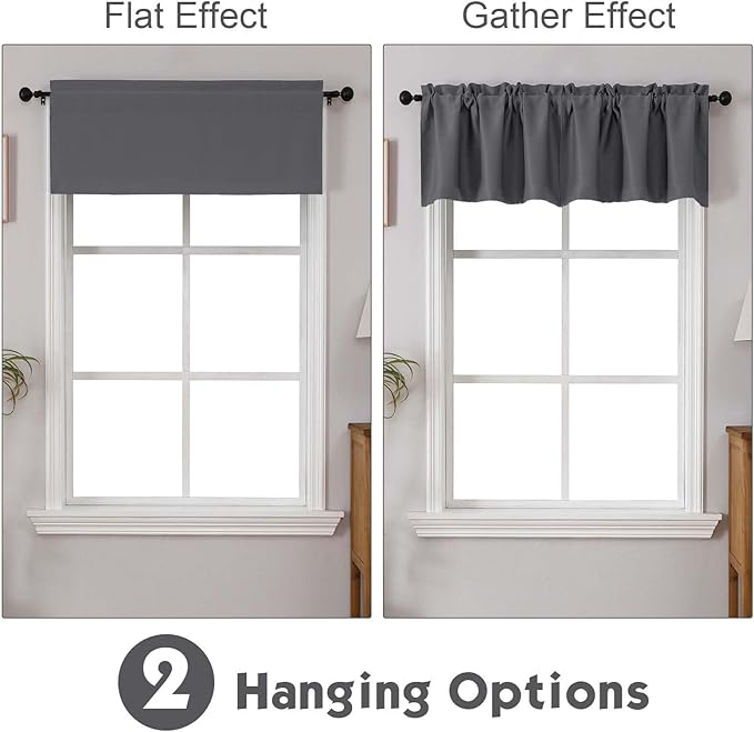 Chyhomenyc Charcoal Grey Valances for Window, Room Darkening Short Curtains for Kitchen Bedroom Living Room, Rod Pocket Top Small Window Treatment Valance RV Bunk Panels, 40" Wx18 L, 2 Pieces