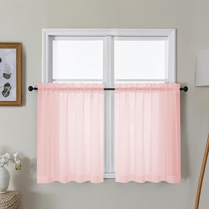 Gwine Blush Pink Sheer Curtains 30 Inch Length, Short Light Filtering Voile Small Cafe Kitchen Curtains with Rod Pocket, Short Curtain for Bathroom Window, 42x30 Inch, 2PCS