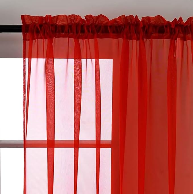 SpaceDresser Sheer Red Curtains 4 Panels Rod Pocket Semi-Sheer Curtain 72 Inches Long Light Filtering Voile Window Drapes for Bedroom Living Room Kitchen, Each 52W x 72L