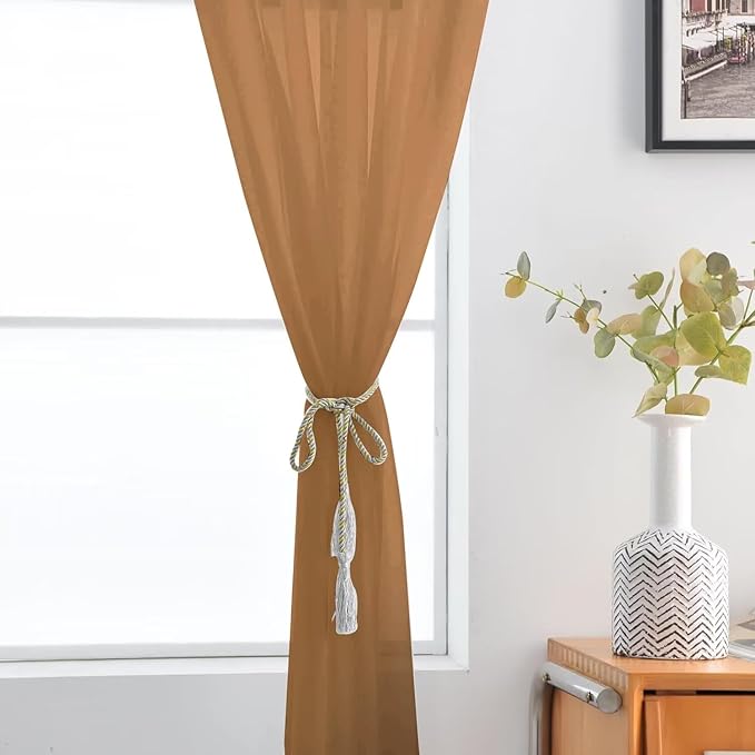 SpaceDresser Basic Rod Pocket Sheer Voile Window Curtain Panels Light Brown 1 Pair 2 Panels 52 Width 45 Inch Long for Kitchen Bedroom Children Living Room Yard（Light Brown, 52W x 45L）