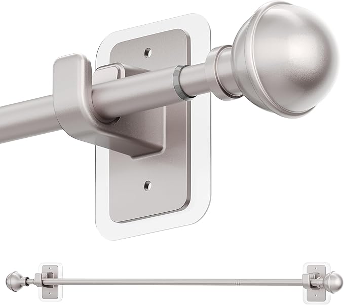 ENJOYBASICS No Drill Curtain Rods for Window 28 to 60 Inches, 5/8 Inch Diameter Renter Friendly Drapery Rod with Adhesive Brackets without Drilling, Adjustable from 27 to 65 Inches, Nickel