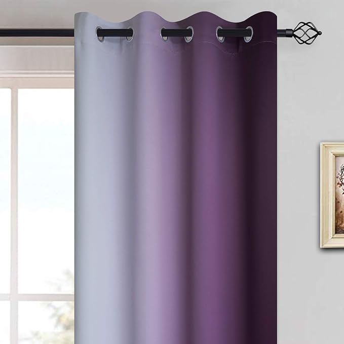 Yakamok Purple and Greyish White Ombre Curtain, Gradient Color Purple to White Curtain for Bedroom, Light Blocking Thermal Insulated Window Drape for Living Room(1 Panel, 52x84 Inch)