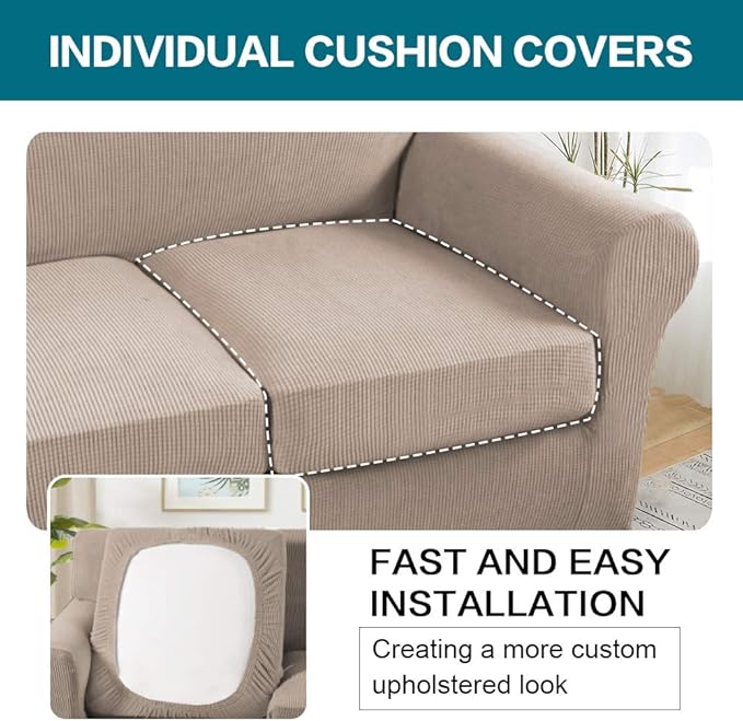 Turquoize 4 Piece Sofa Slipcover Sofa Covers for 3 Cushion Couch Soft Couch Cover for Dogs-Washable Sofa Furniture Covers with 3 Individual Cushion Covers,Feature Jacquard Fabric(3 Cushion Sofa, Sand)