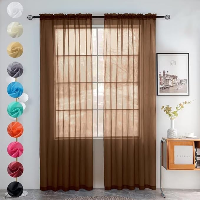 youleyar Solid Sheer Rod Pocket Curtain Voile Draperies 2 Panels White Beige Black Grey Coffee 52 Inch Width 84 Inch Long 1 Pair for Kitchen Bedroom Children Living Room Yard (Brown,52Wｘ84L)