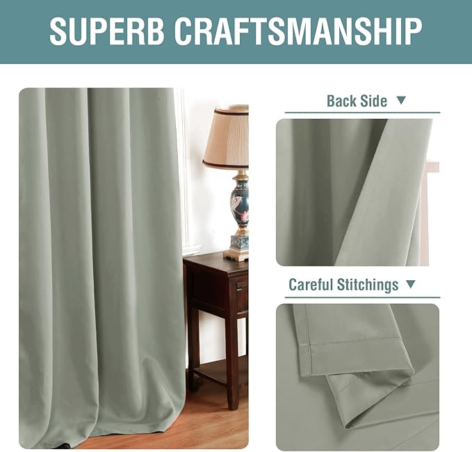 H.VERSAILTEX Light Blocking Curtain for Bedroom/Living Room, Energy Efficient Thermal Insulated Grommet Window Panel Curtains for Bedroom/Living Room, Light Sage, 52 by 63 inch Long, One Panel