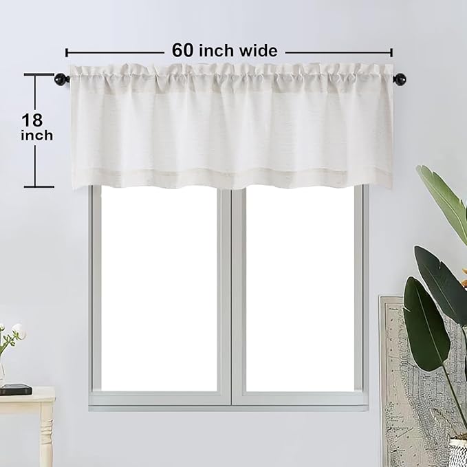 OWENIE Bob Valance Curtains 18 Inch Length 1 Piece, Faux Linen Slub Solid Natural Kitchen Valance for Bedroom Living Room, Farmhouse Soft Airy Rod Pocket Small Window Curtain, Each 60Wx18L Inch