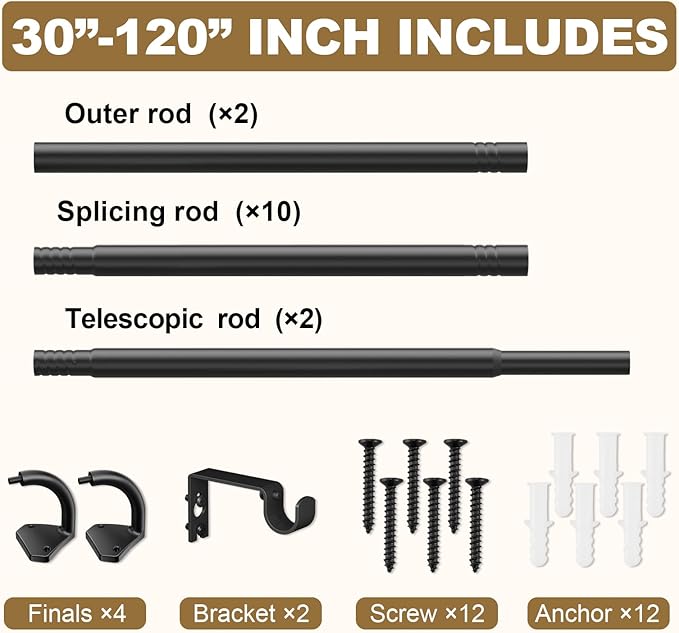 GXOACKJ Black Wrap Around Curtain Rods for Windows 66 to 120 inch,2 Pack 5/8 inch Industrial Telescoping Curtain Rod, Blackout Rods for Bedroom & Outdoor, Adjustable from 30 to 120 Inches