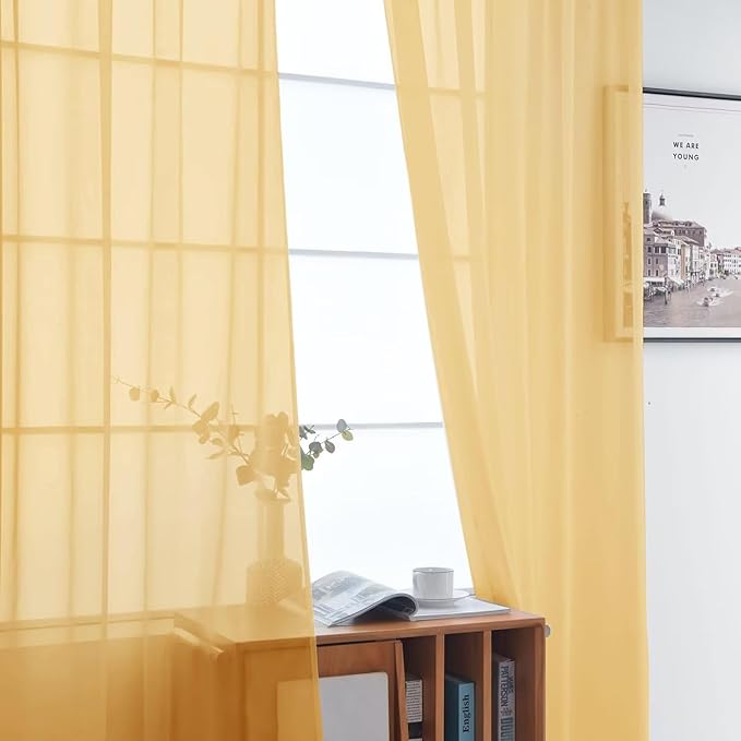 SpaceDresser Basic Rod Pocket Sheer Voile Window Curtain Panels Gold 1 Pair 2 Panels 52 Width 63 Inch Long for Kitchen Bedroom Children Living Room Yard（Gold, 52W x 63L）