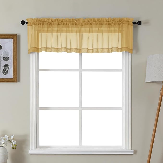 Gwine Gold Valances for Windows, Small Light Filtering Rod Pocket Cafe Valance Curtains, Soft Sheer Curtain for Bathroom Laundry Basement, 42Wx14L inch, 2 Pieces