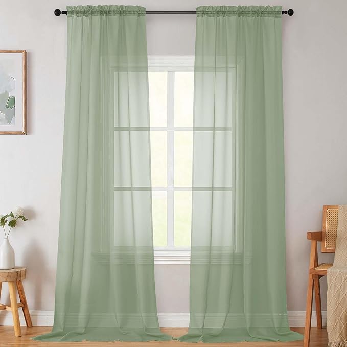 Extra Long Sheer Sage Green Curtains for Bedroom Living Room 108 Inches Long 2 Panels Set, Solid Soft Light Filtering Rod Pocket Sheer Window Curtains, Sage Green, Each 42" Wx108 L Inch