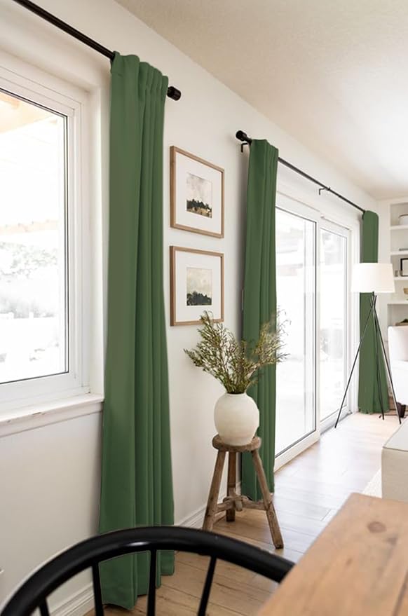 100% Blackout Shield Linen Blackout Curtains for Bedroom 96 Inches Long, Back Tab/Rod Pocket Living Room Drapes, Thermal Insulated Blackout Curtains 2 Panels Set, 50" W x 96" L, Moss Green