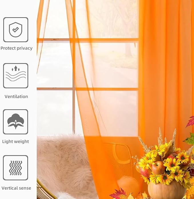 youleyar Solid Sheer Rod Pocket Curtain Voile Draperies 2 Panels Orange Beige Black Grey Coffee 70 Inch Width 84 Inch Long 1 Pair for Kitchen Bedroom Children Living Room Yard(Orange,70Wｘ84L)